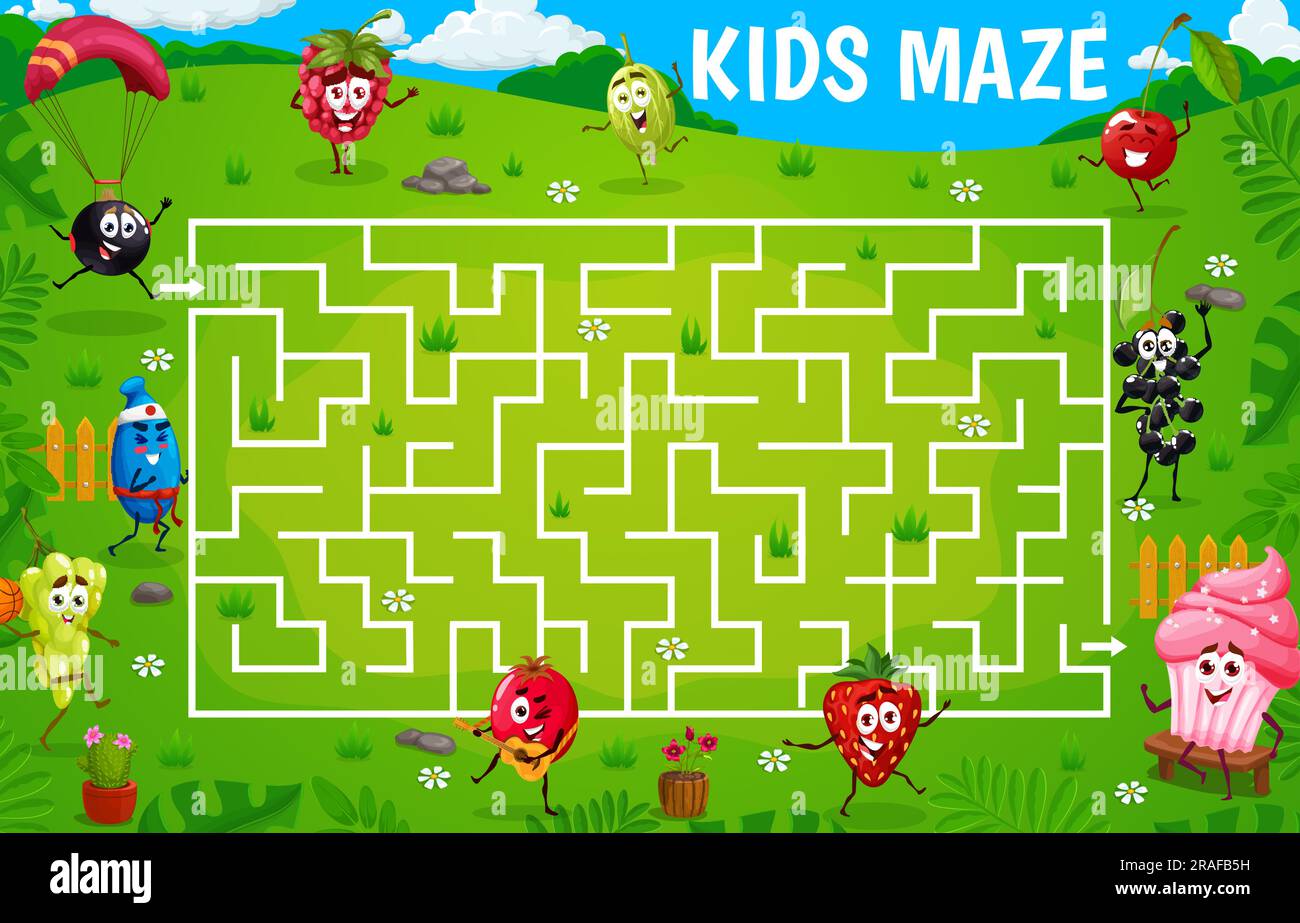 Labyrinth maze game. Cartoon berry characters on summer party. Search ...