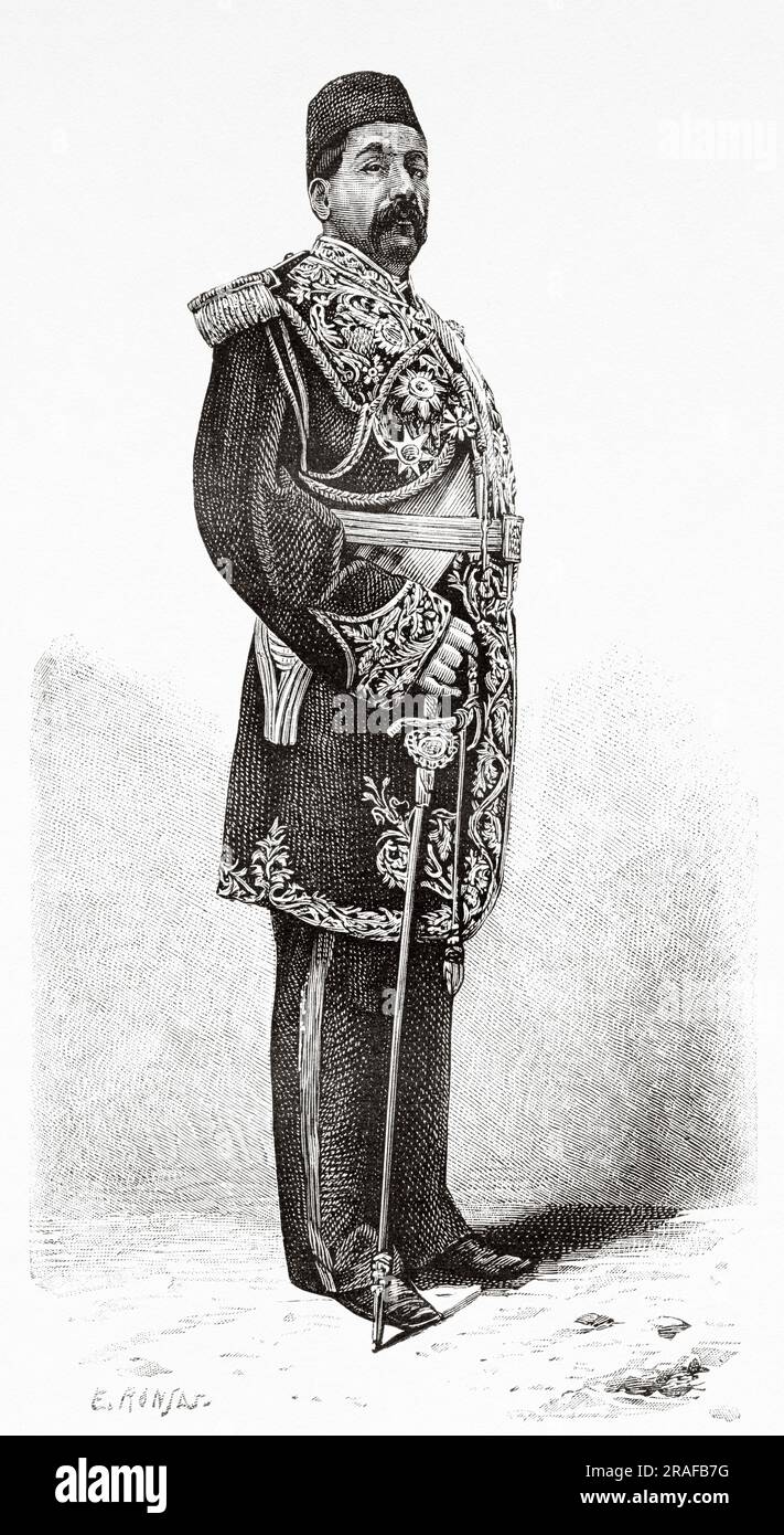 Saadouk Khan, General Commanding Artillery of Shiraz. Fars Province, Persia, Iran. Persia, Chaldea and Susiana by Jane Dieulafoy 1881-1882. Old 19th century engraving from Le Tour du Monde 1906 Stock Photo