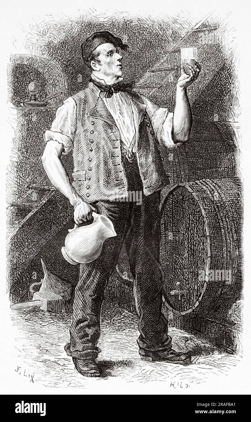 French winemaker in a wine cellar of a french winemaker in a wine cellar of Turckheim, Alsace, Haut-Rhin. France, Europe. Across Alsace and Lorraine by Charles Grad 1884. Old 19th century engraving from Le Tour du Monde 1906 Stock Photo