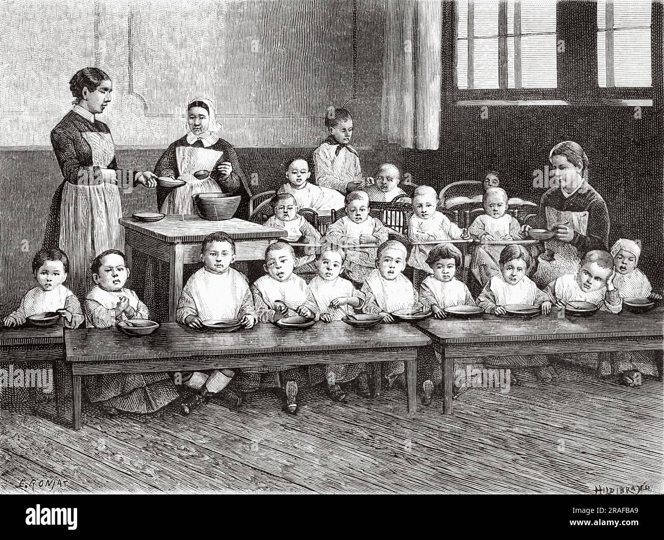 Little children eating in the nursery, Munster, Alsace, Haut-Rhin. France, Europe. Across Alsace and Lorraine by Charles Grad 1884. Old 19th century engraving from Le Tour du Monde 1906 Stock Photo