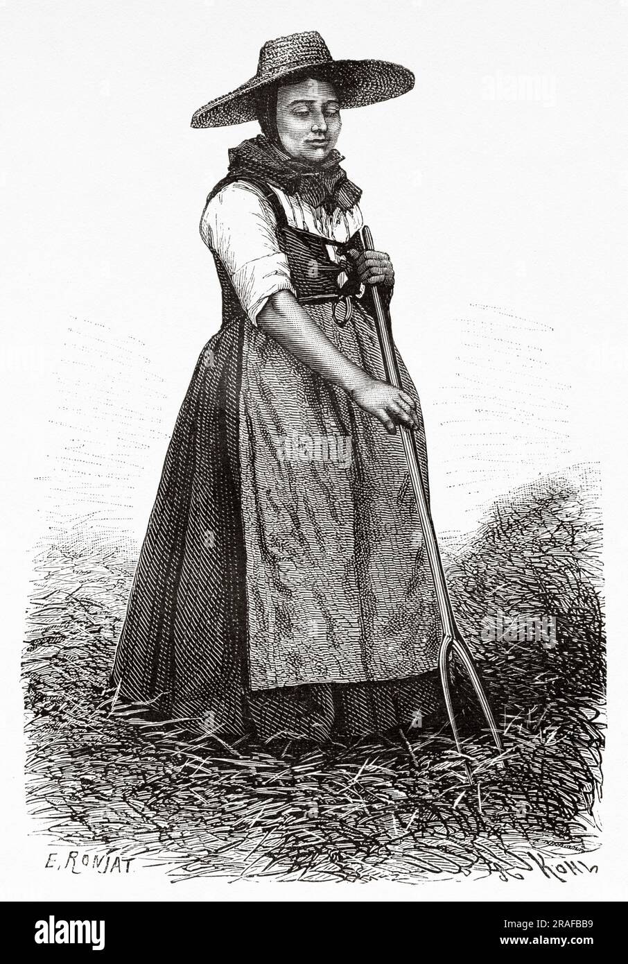 Woman airing hay in the Munster Valley. Alsace, Haut-Rhin. France, Europe. Across Alsace and Lorraine by Charles Grad 1884. Old 19th century engraving from Le Tour du Monde 1906 Stock Photo