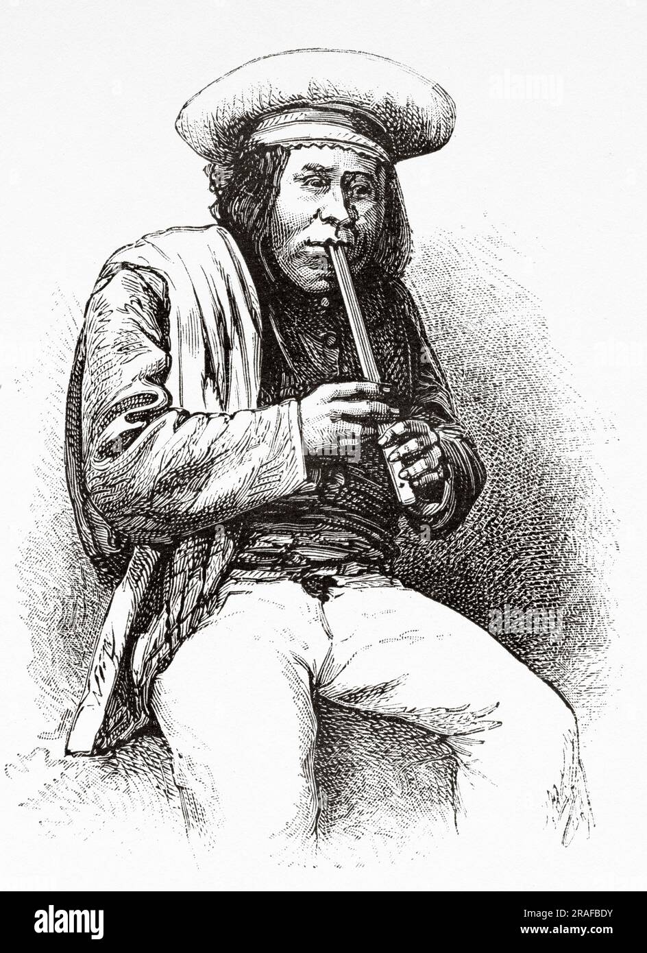 Mestizo man from the outskirts of the city of La Paz playing a traditional Bolivian flute, Bolivia, South America. Journey in search of the remains of the Crevaux mission by Émile-Arthur Thouar 1884. Old 19th century engraving from Le Tour du Monde 1906 Stock Photo