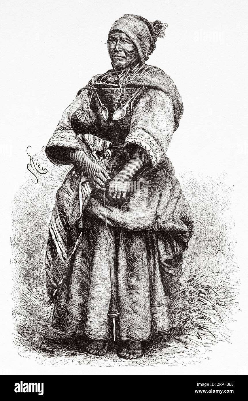 Aymara Indian woman from the highlands dressed in traditional Bolivian costumes, Bolivia, South America. Journey in search of the remains of the Crevaux mission by Émile-Arthur Thouar 1884. Old 19th century engraving from Le Tour du Monde 1906 Stock Photo