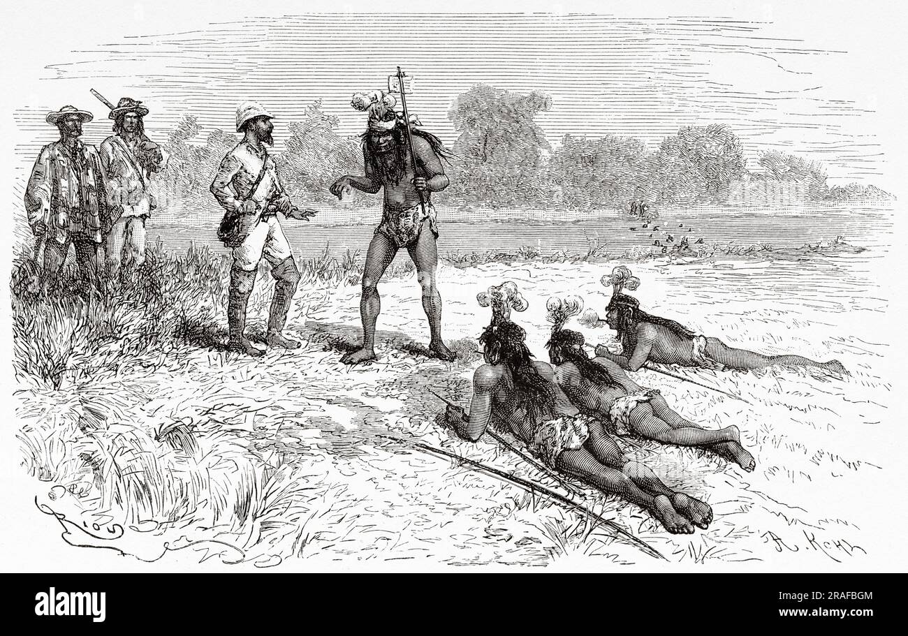 Meeting of the explorer Arthur Thouar with the Toba Indians, Bolivia, South America. Journey in search of the remains of the Crevaux mission by Émile-Arthur Thouar 1884. Old 19th century engraving from Le Tour du Monde 1906 Stock Photo