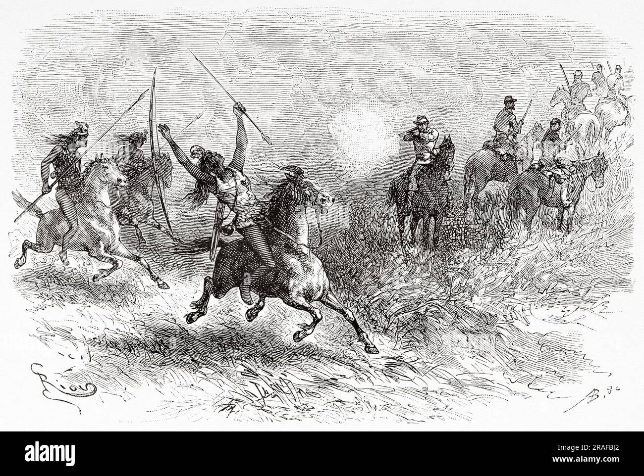 Battle against the Toba Indians, Bolivia, South America. Journey in search of the remains of the Crevaux mission by Émile-Arthur Thouar 1884. Old 19th century engraving from Le Tour du Monde 1906 Stock Photo