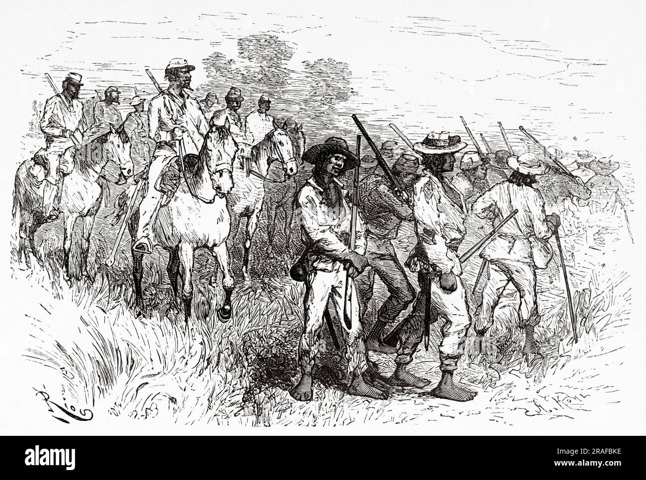 Infantry and cavalry escort of the Arthur Thouar expedition, Bolivia, South America. Journey in search of the remains of the Crevaux mission by Émile-Arthur Thouar 1884. Old 19th century engraving from Le Tour du Monde 1906 Stock Photo