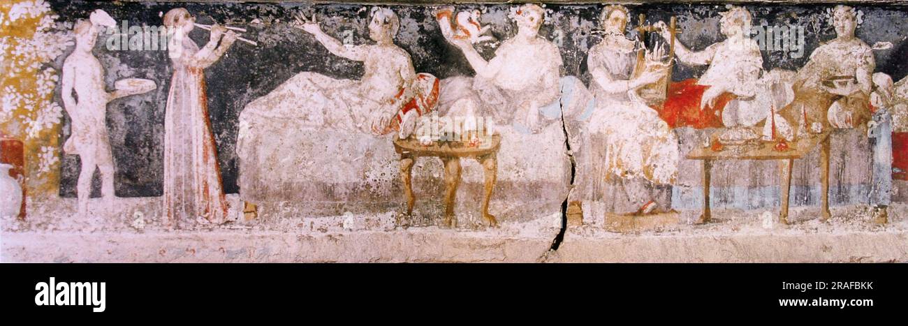 A Banquet Scene from a Macedonian Tomb of Agios Athanasios, Thessaloniki, Greece 350 BC by Ancient Greek Painting and Sculpture Stock Photo