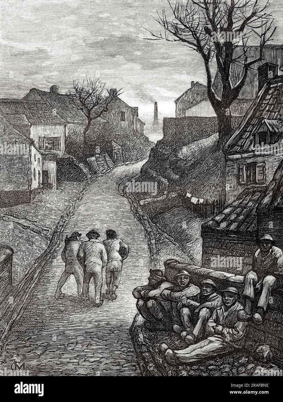 Coal mining village of Borinage, Hainaut province. Belgium, Europe. Journey to Belgium by Camille Lemonnier. Old 19th century engraving from Le Tour du Monde 1906 Stock Photo