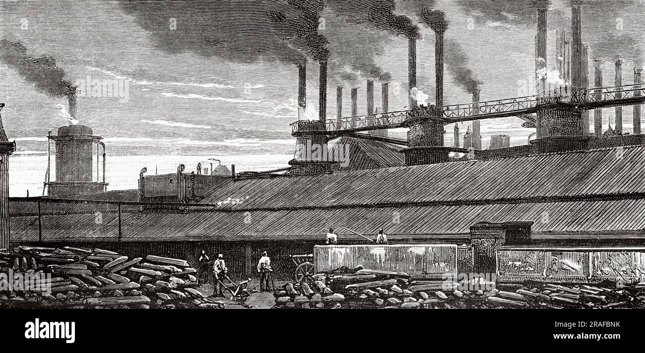 Couillet foundries, Charleroi, Hainaut province. Belgium, Europe. Journey to Belgium by Camille Lemonnier. Old 19th century engraving from Le Tour du Monde 1906 Stock Photo