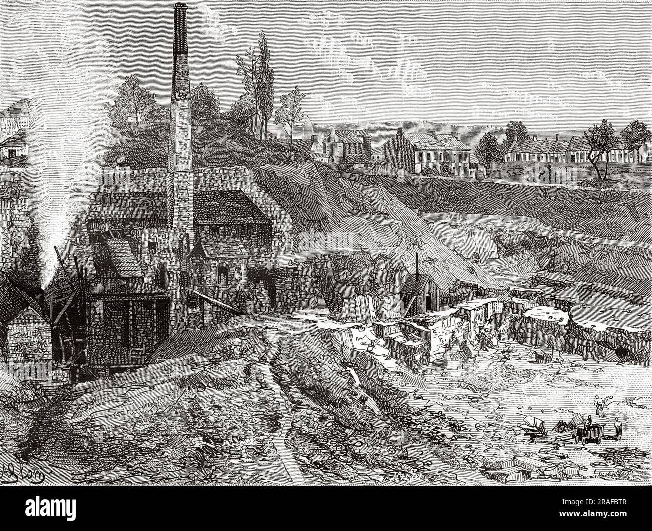 A quarry in Ecaussines, Hainaut province. Belgium, Europe. Journey to Belgium by Camille Lemonnier. Old 19th century engraving from Le Tour du Monde 1906 Stock Photo