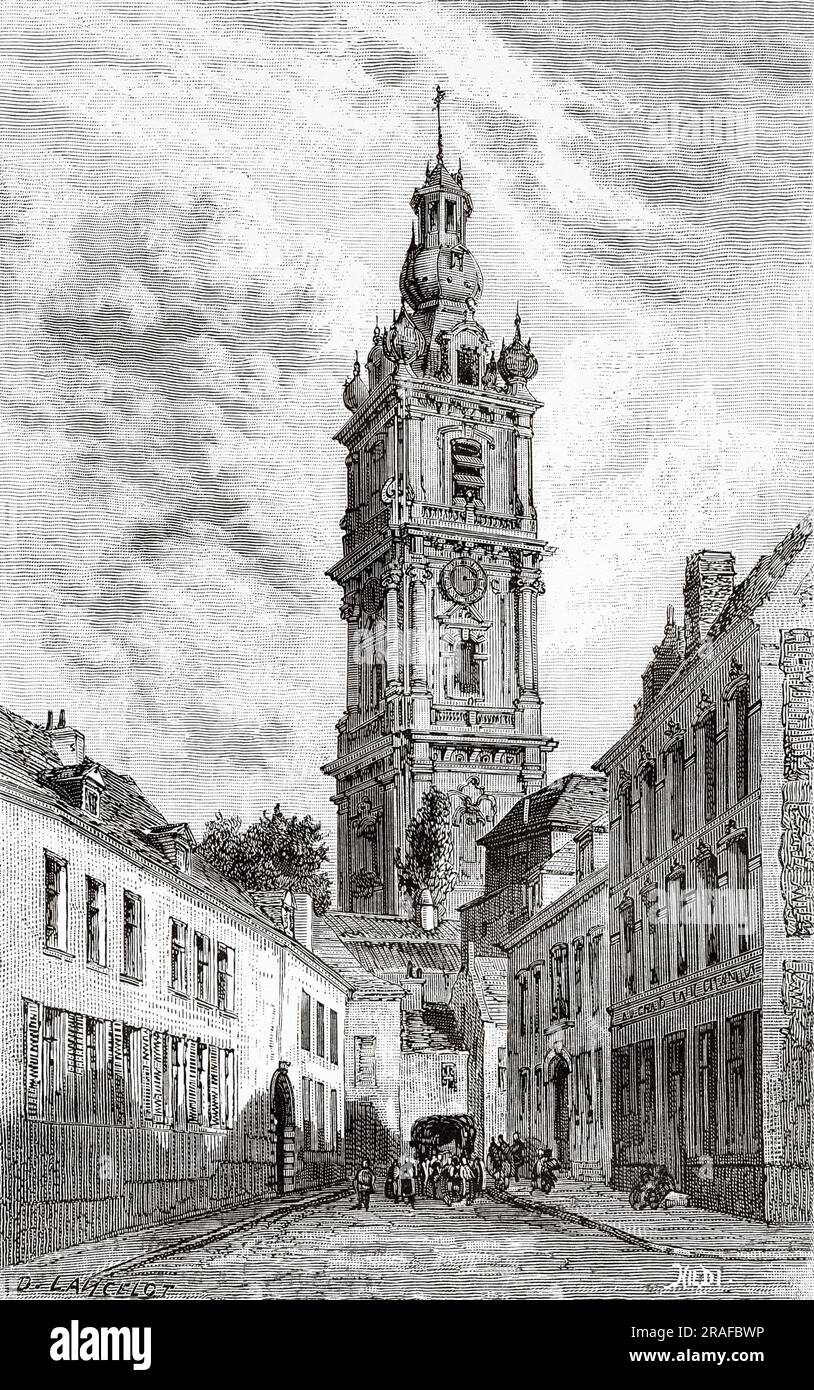 The Belfry of Mons. Hainaut province. Belgium, Europe. Journey to Belgium by Camille Lemonnier. Old 19th century engraving from Le Tour du Monde 1906 Stock Photo