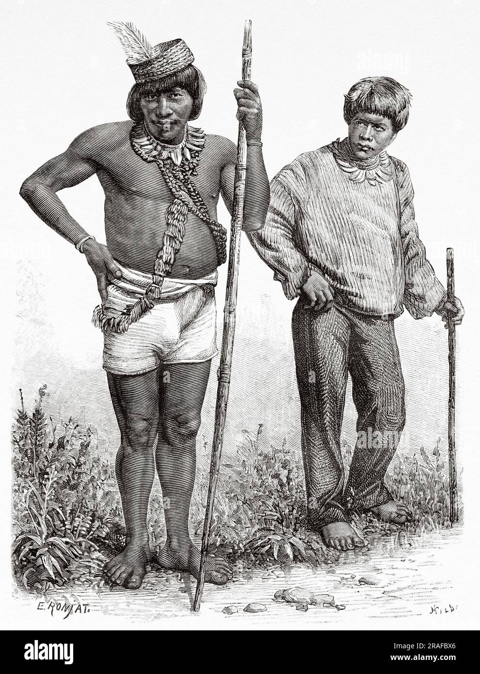 The Huambisa indigenous interpreter. Indian from the Patuca river dressed in the clothes of the sailors of the boat. Peru, South America. Amazon and mountain ranges by Charles Wiener Mahler, 1879-1882. Old 19th century engraving from Le Tour du Monde 1906 Stock Photo