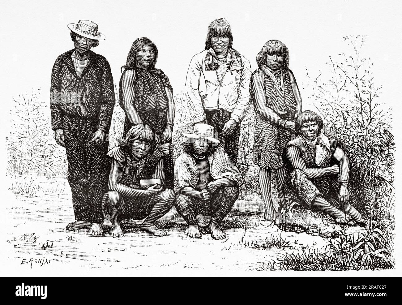 Cocamilla Indians, native Peruvian indigenous people. Peru, South America. Amazon and mountain ranges by Charles Wiener Mahler, 1879-1882. Old 19th century engraving from Le Tour du Monde 1906 Stock Photo