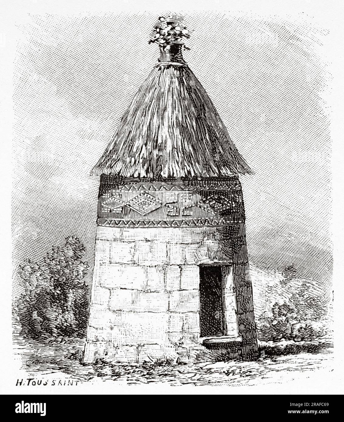 House with architectural details of Chachapoya Andean people. Peru, South America. Amazon and mountain ranges by Charles Wiener Mahler, 1879-1882. Old 19th century engraving from Le Tour du Monde 1906 Stock Photo