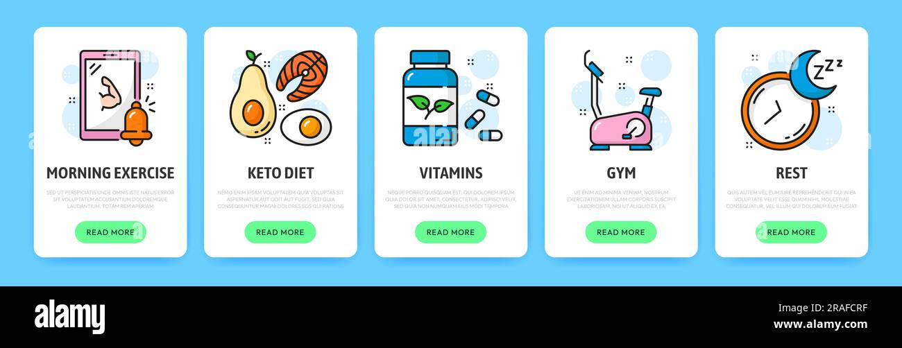 Mobile app onboarding screen, keto diet, fitness, vitamins, gym and