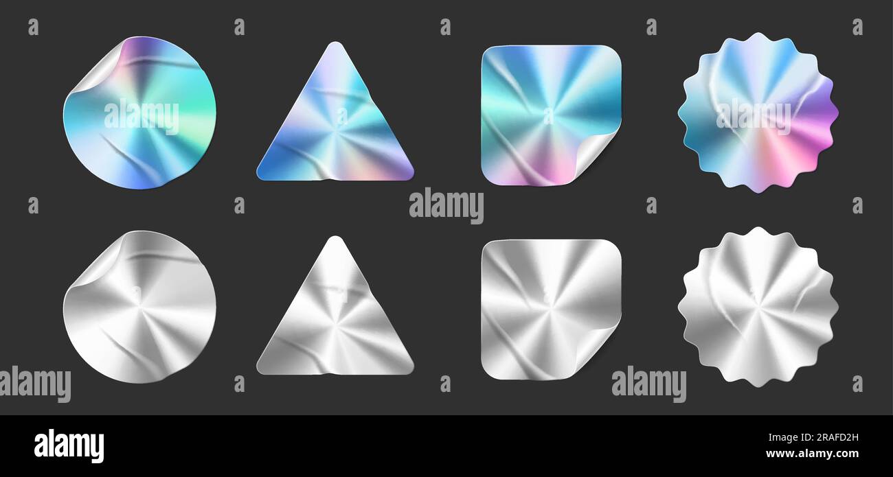 Hologram stickers, silver quality labels and foil tags with vector iridescent gradient. Holographic stickers or holograph texture foil labels and original warranty product seals with silver holography Stock Vector