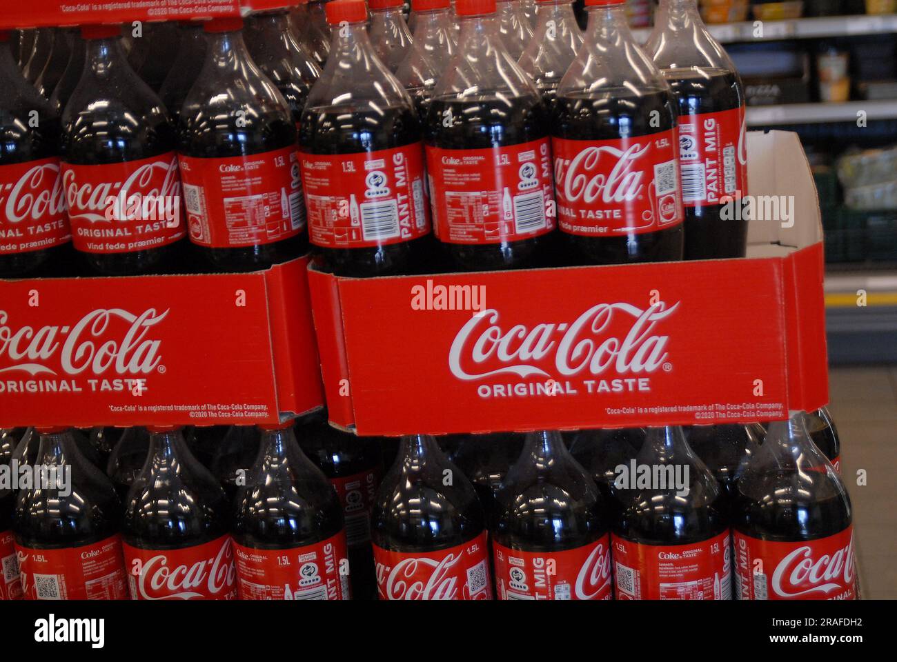 03 July 2023/Coca Cola bottle displace for sale in grocery store in danish captal Copenhagen Denmark.    (Photo.Francis Joseph Dean/Dean Pictures) Stock Photo