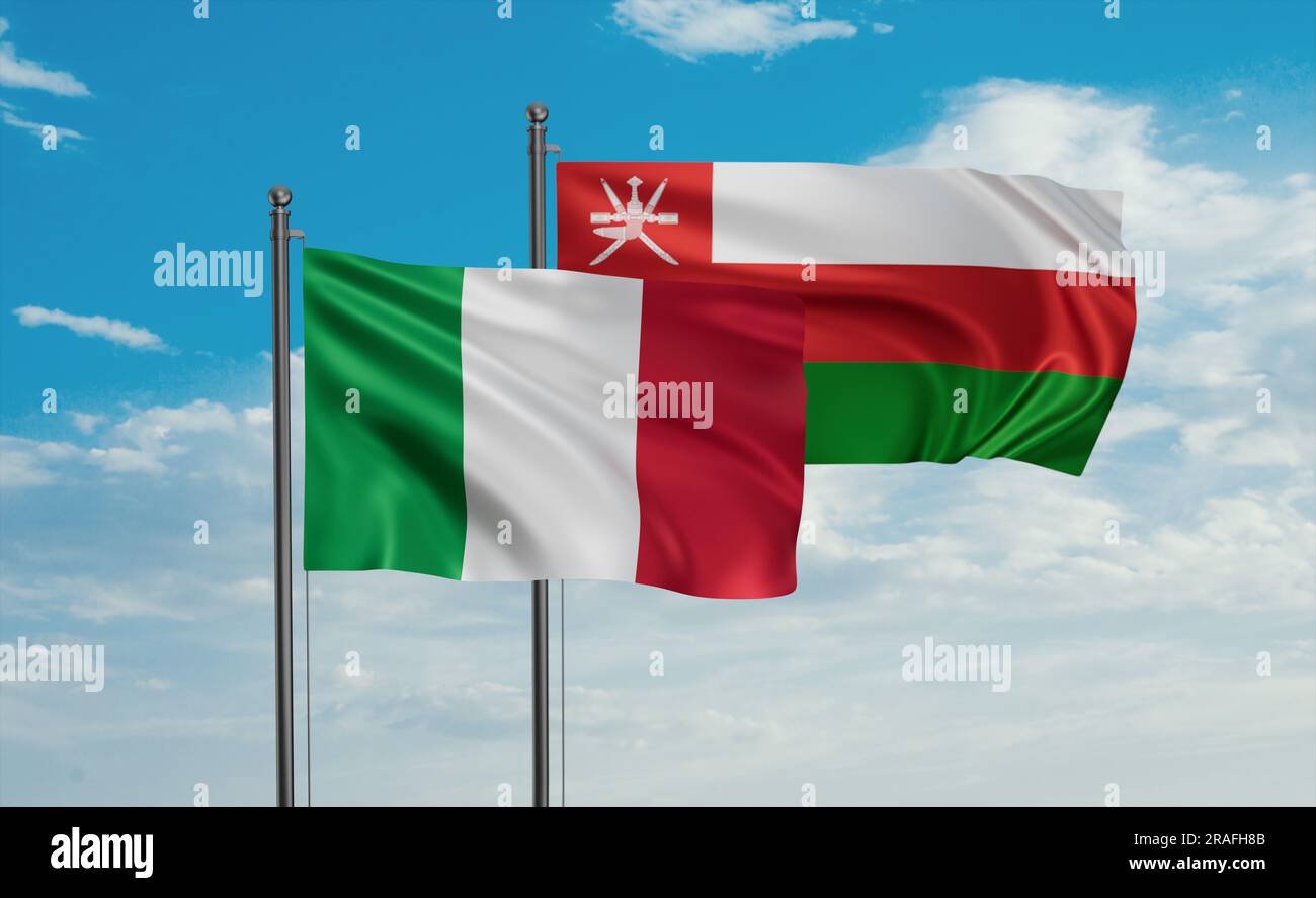 Oman and Italy flag waving together in the wind on blue sky, two ...