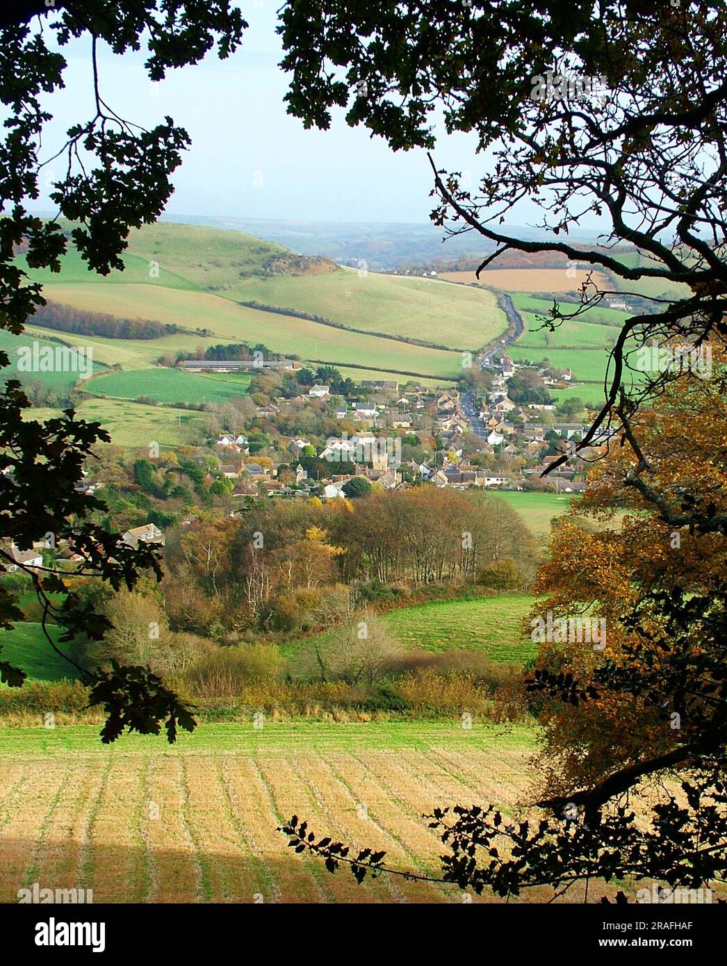 Autumnal view of the village of Chideock near Bridport in Dorset taken through the trees on Langdon Hill close to the Golden Cap, the hightest point o Stock Photo