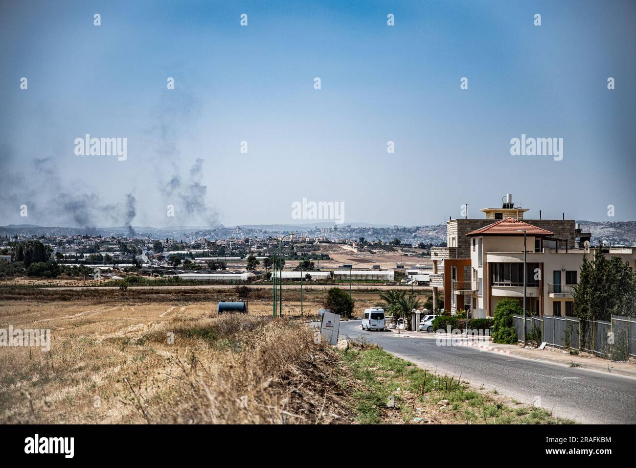 Jenin, Palestine. 03rd July, 2023. Smoke rise above the Palestinian city of Jenin during an IDF (Israel Defense Forces) raid using foot soldiers and air strikes. Credit: SOPA Images Limited/Alamy Live News Stock Photo