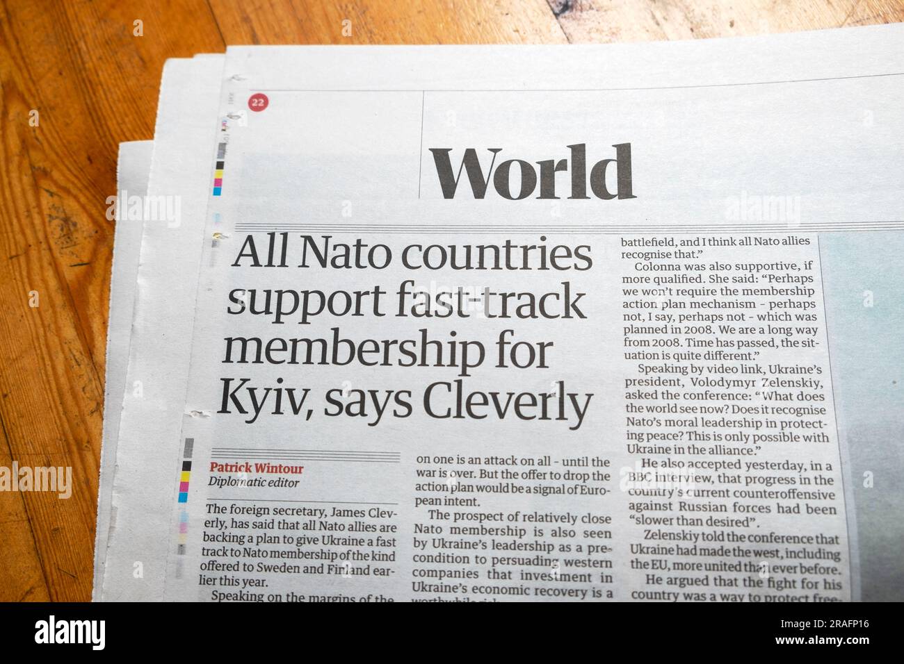 'All Nato countries support fast-track membership for Kyiv, says Cleverly' Guardian newspaper headline Ukraine article 22 June 2023 London UK Britain Stock Photo