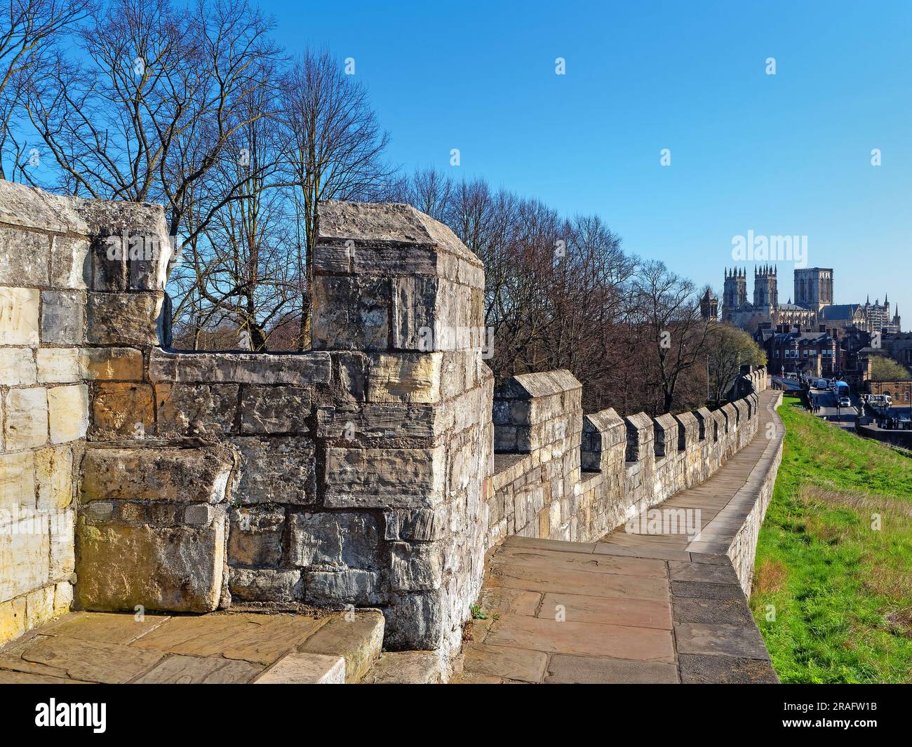 UK,North Yorkshire,York, City Walls with city centre and York Minster in the distance. Stock Photo