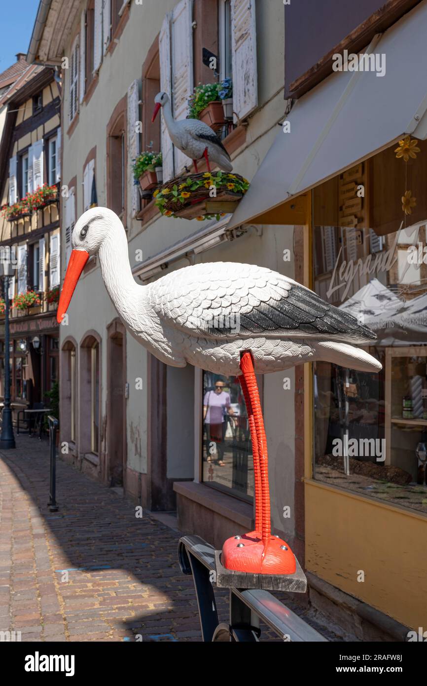 Barr, France - 06 24 2023: City of Barr. View of a fake stork in an Alsatian village Stock Photo