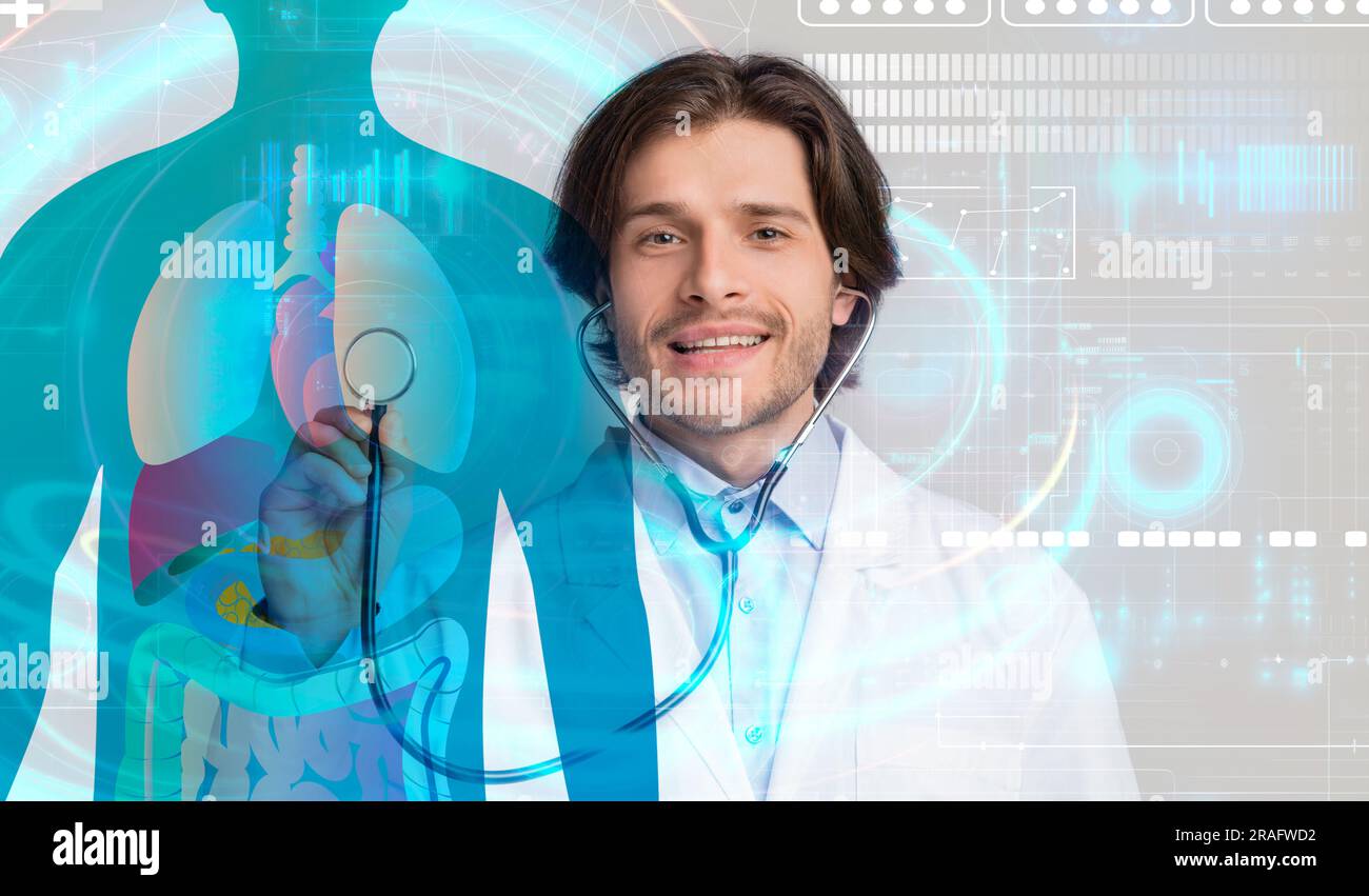 Human Doc Handsome young doctor touch hologram of human system with stethoscope ...