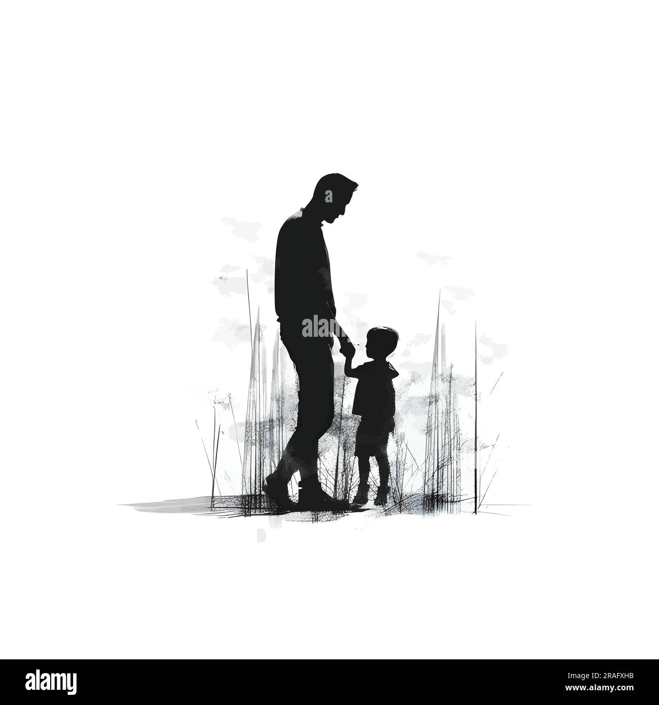 Vector illustration of father and son in black silhouette against a