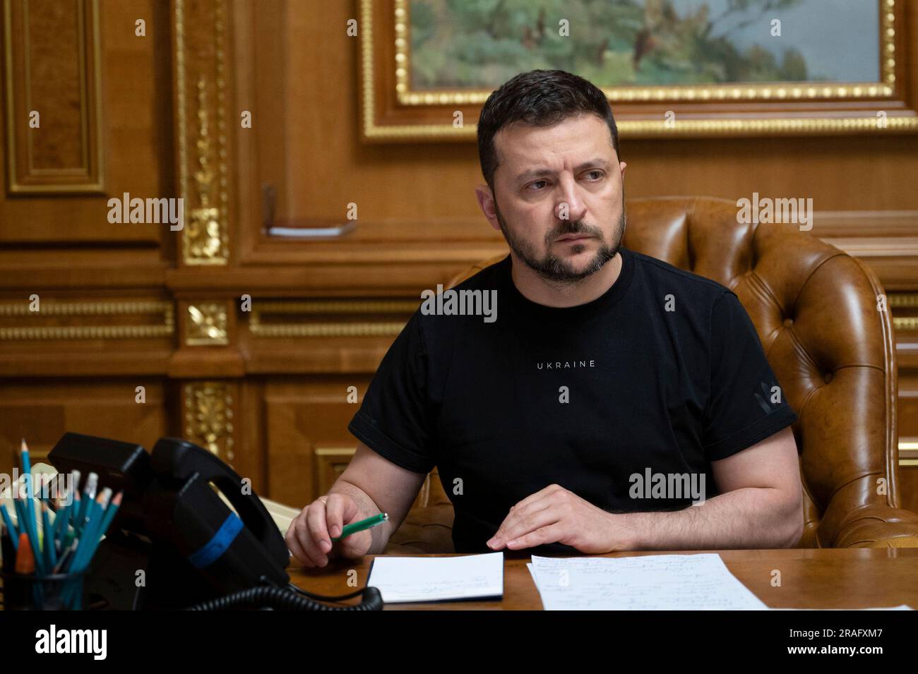 Kyiv, Ukraine. 03rd July, 2023. Ukrainian President Volodymyr Zelenskyy, holds a conference call with German Chancellor Olaf Schotz from his office at the Mariinsky Palace, July 3, 2023 in Kyiv, Ukraine. Credit: Ukraine Presidency/Ukraine Presidency/Alamy Live News Stock Photo