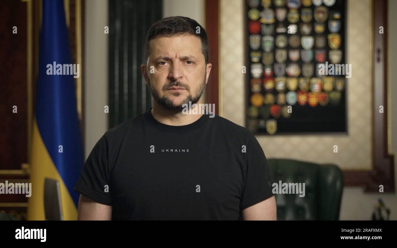 Kyiv, Ukraine. 03rd July, 2023. Ukrainian President Volodymyr Zelenskyy delivers his nightly address to the nation on day 495 of the Russian invasion from the Mariinsky Palace, July 3, 2023 in Kyiv, Ukraine. Credit: Ukraine Presidency/Ukraine Presidency/Alamy Live News Stock Photo