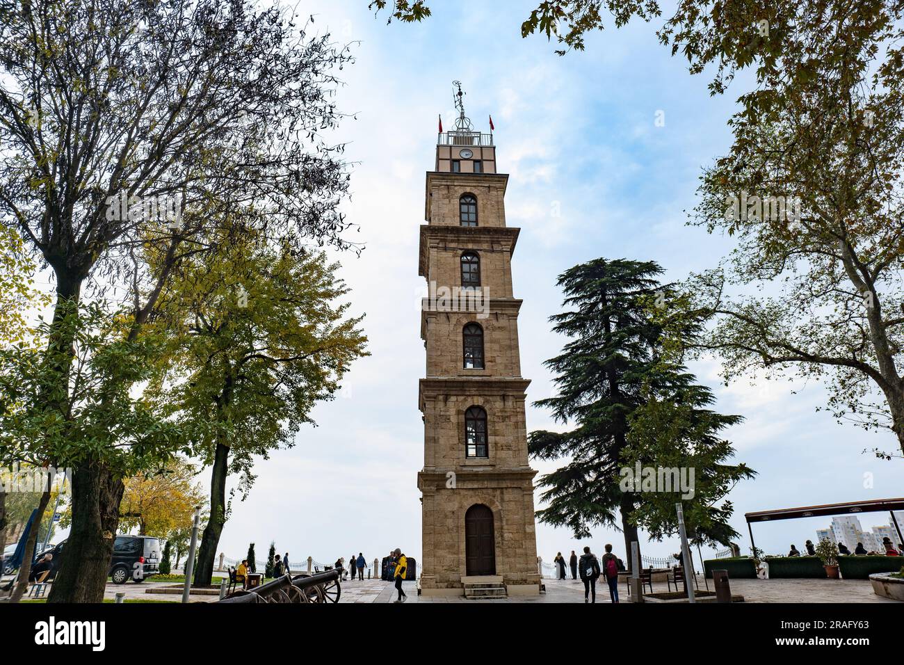 Bursa, Turkey - November 2021: Bursa historical clock tower in Tophane park in Bursa, Turkey.  Stock Photo