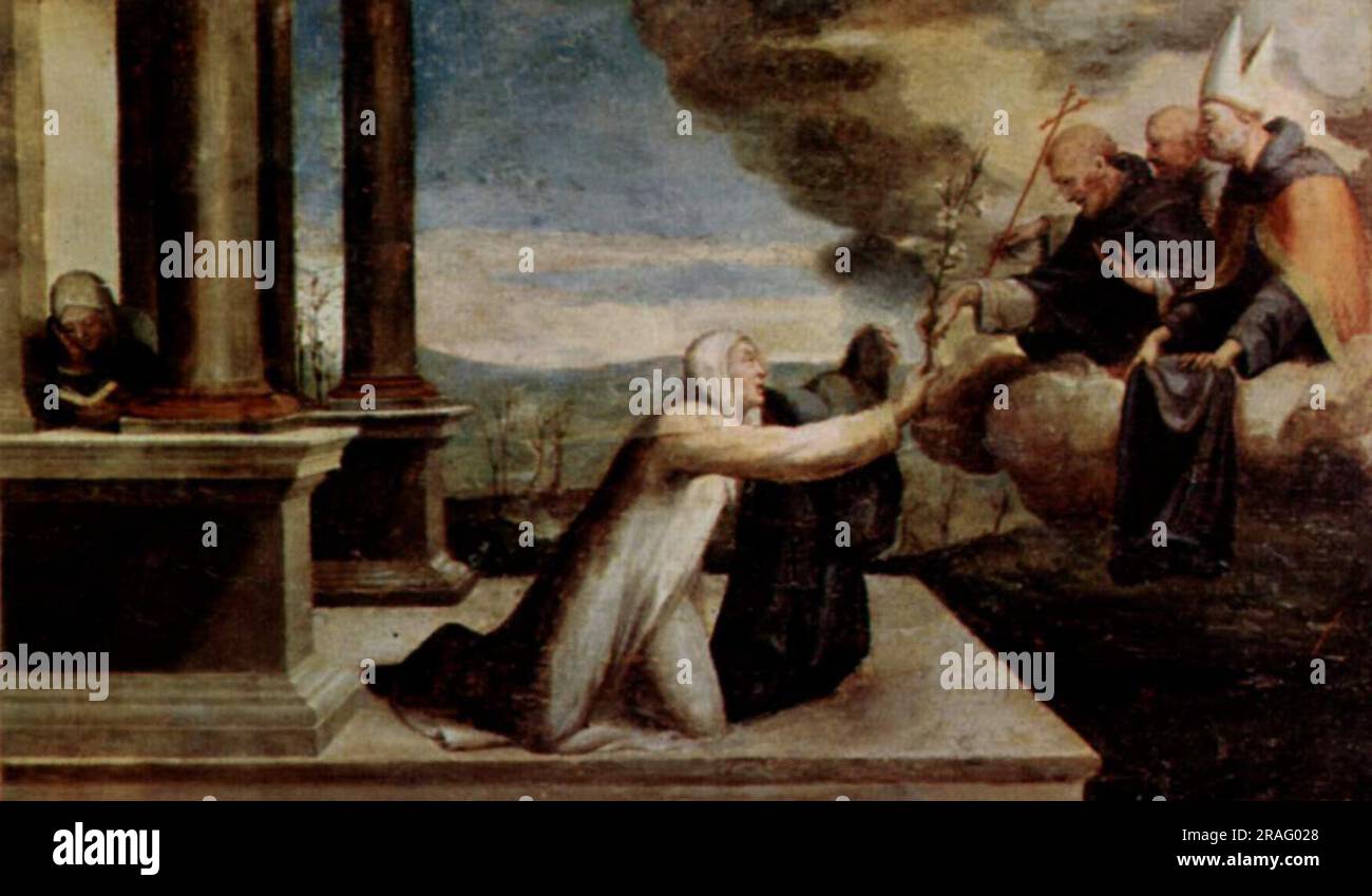Saint Catherine of Siena receiving the stigmata between Saints Benedict ...
