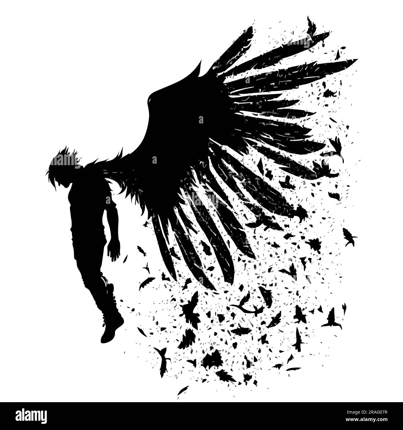 Vector illustration of a person with wings in black silhouette against