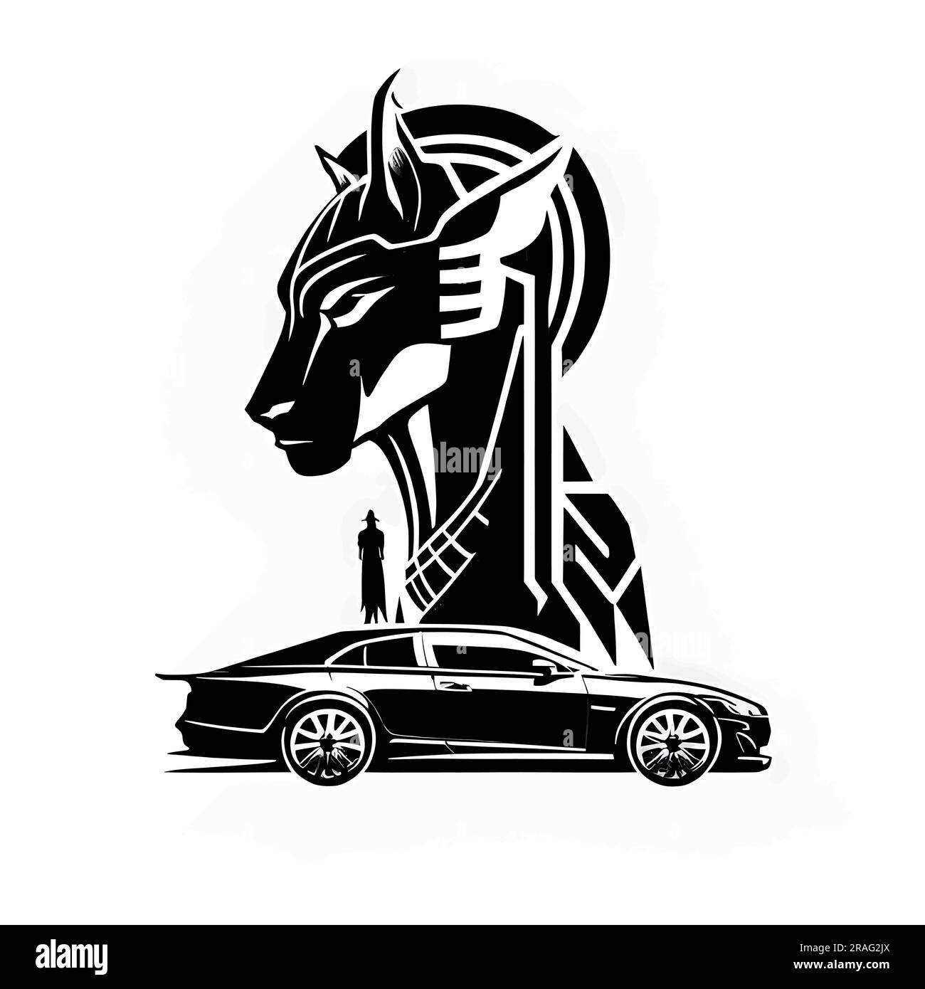 Vector illustration of horse and car in black silhouette against a