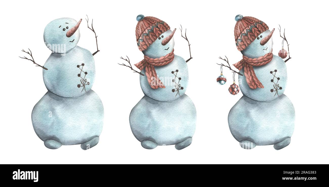 Snowmen in a hat with a scarf and toys with Christmas balls. Watercolor ...