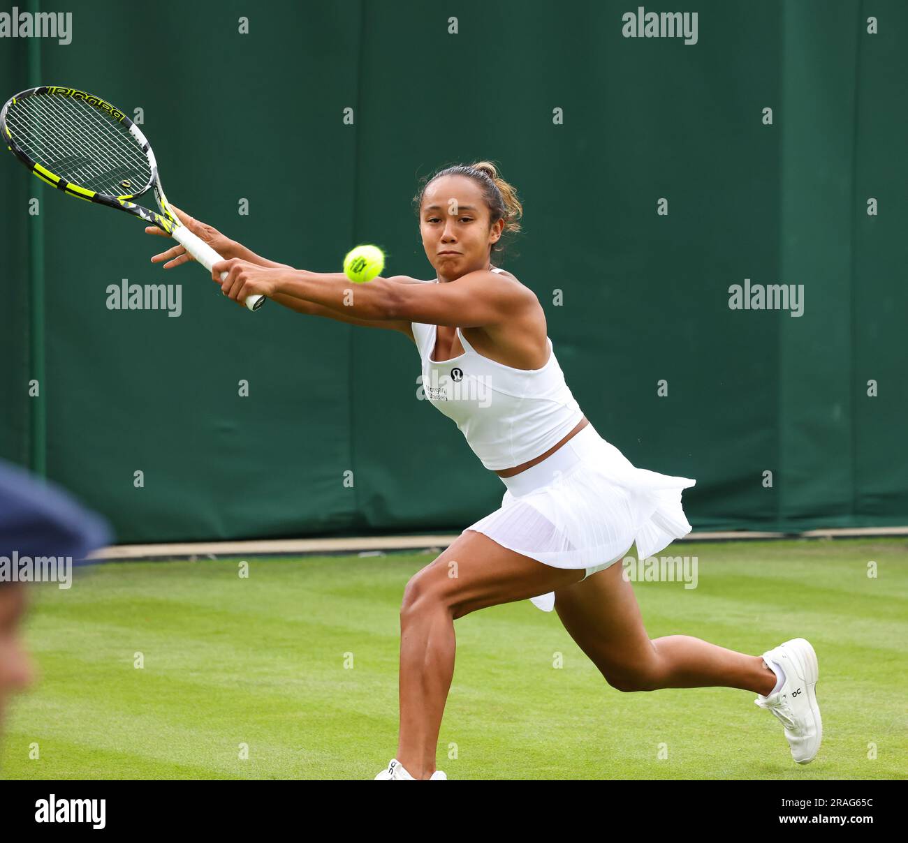 Wimbledon. Canada's Leylah Fernandez in action during her first round match against Katerina Baindl of, Ukraine. 03rd July, 2023. during opening day at Wimbledon. Credit: Adam Stoltman/Alamy Live News Stock Photo
