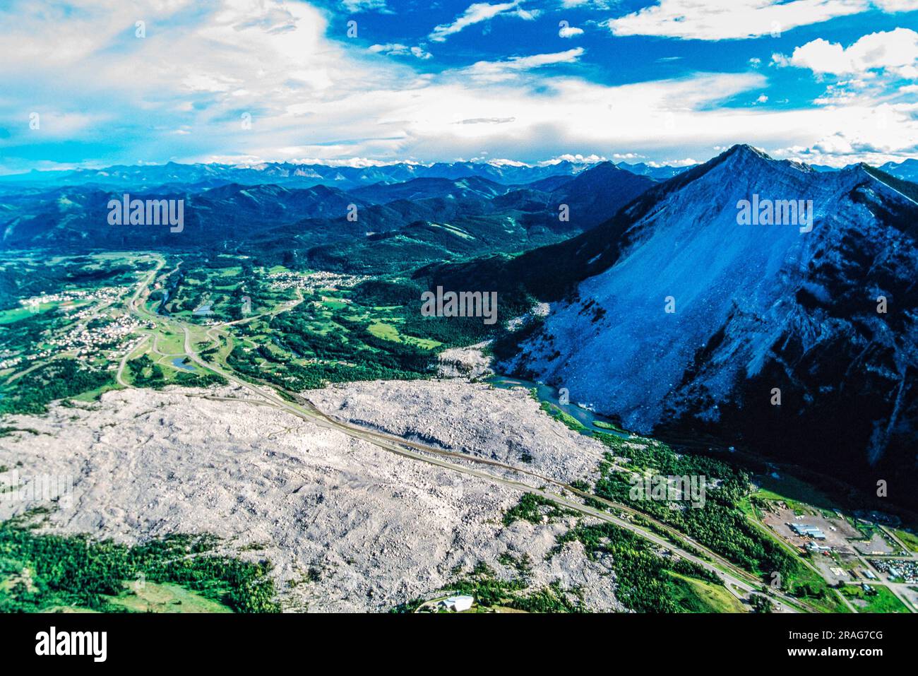 Aerial image of Turtle Mountain, Frank Slide, rockslide, Alberta