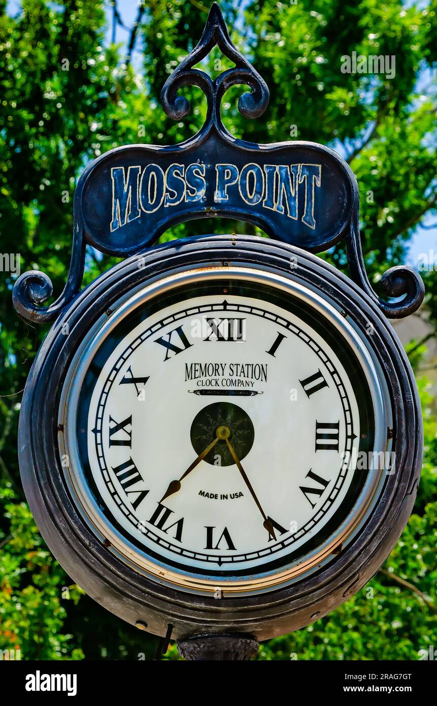 A street clock stands downtown, June 24, 2023, in Moss Point, Mississippi. Moss Point was