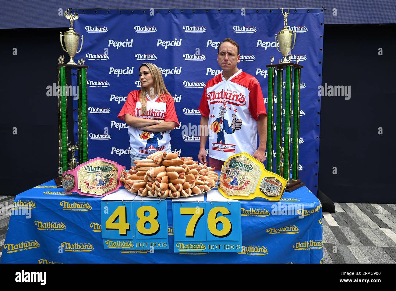 New York, USA. 03rd July, 2023. 2022 champions Miki Sudo (l) and Joey