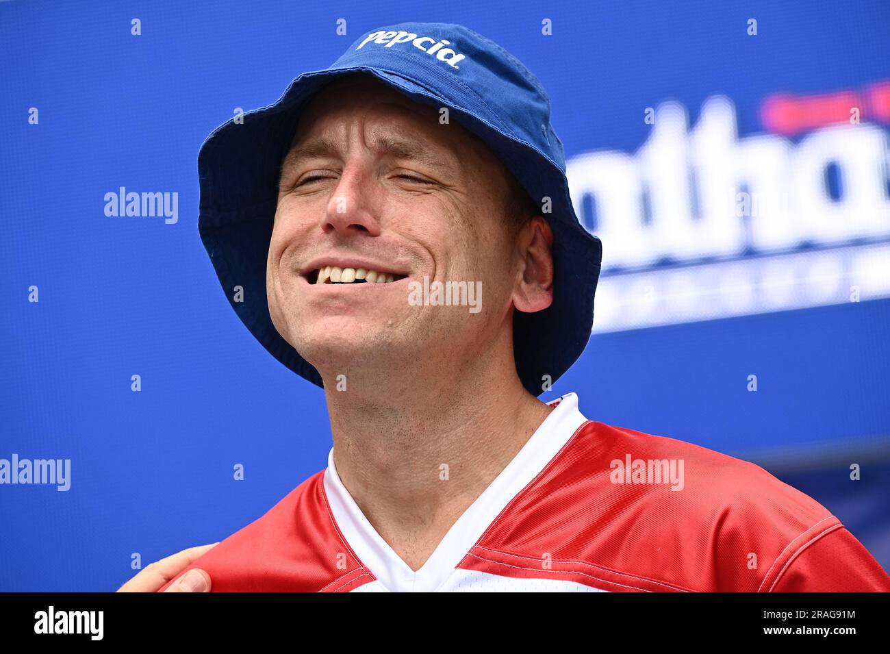 New York, USA. 03rd July, 2023. 2022 champion Joey Chestnut attends the