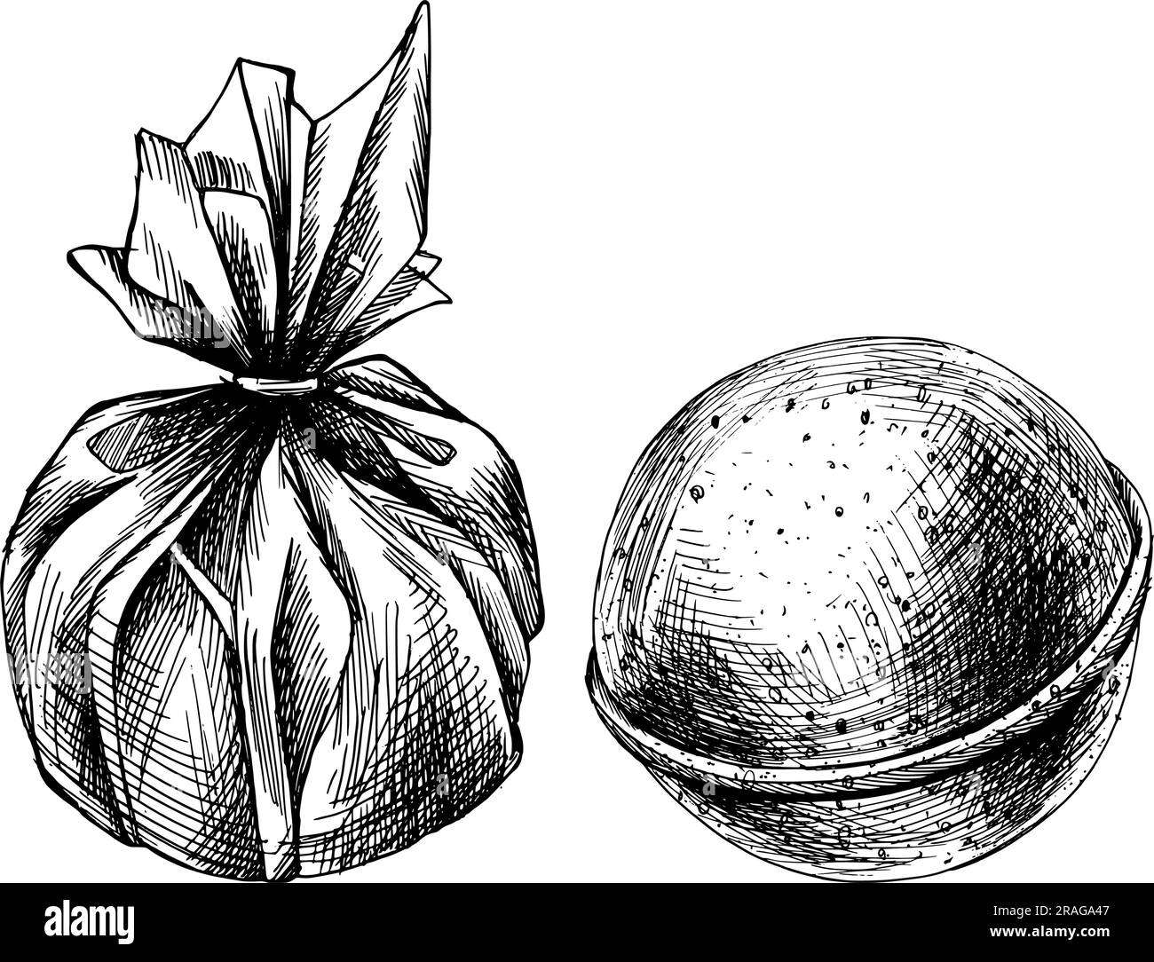 Round bath bombs wrapped in a package. EPS hand drawn black and white