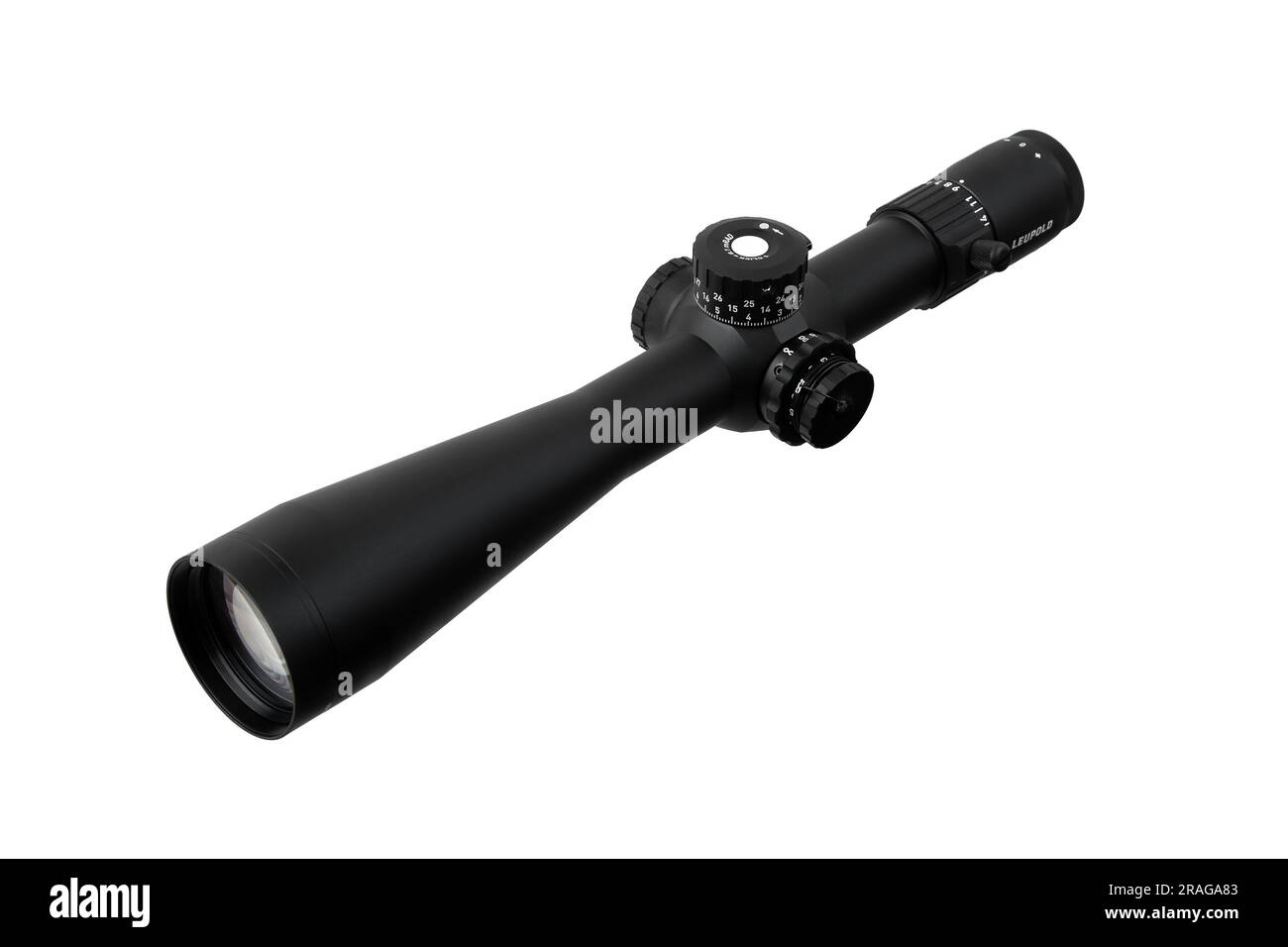 Modern sniper scope on a white background. Optical device for aiming and shooting at long