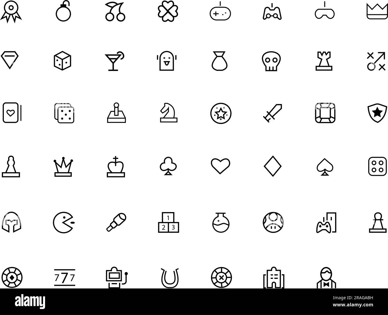 Games icon set. Game types and features. Linear design. Editable stroked lines. Isolated vector icons Stock Vector