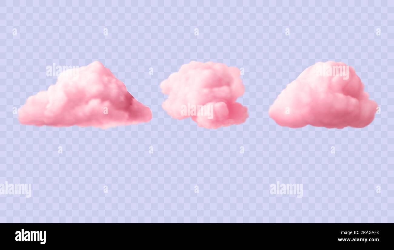 Fluffy pink sky elements isolated on transparent backdrop. Set of bright 3d vector soft clouds Stock Vector