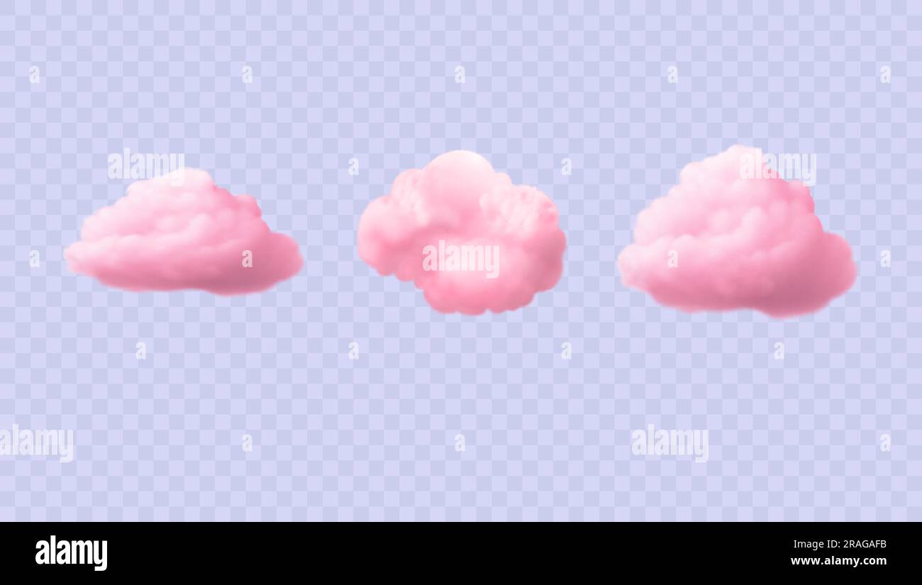 Fluffy pink set of sky elements isolated on transparent background. 3d vector icons of bright soft clouds Stock Vector