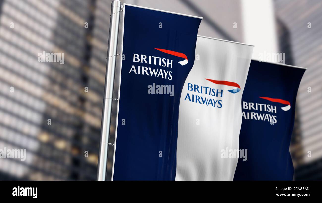 London, UK, June 23 2023: Three vertical banners with British Airways logo waving. Flag carrier of the UK. illustrative editorial 3d illustration rend Stock Photo