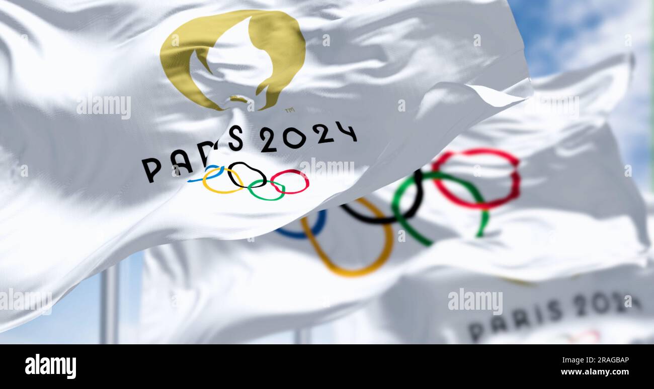 Paris, FR, May 2023 Flag of Paris 2024 Olympics Games waving in the