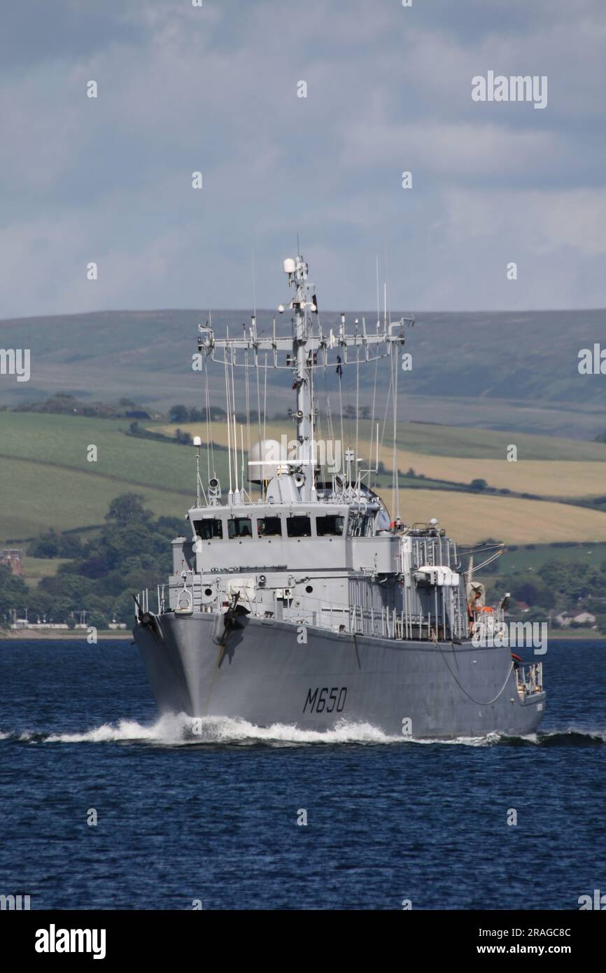 FS Sagittaire (M650), an Eridan-class (or Tripartite) mine countermeasures vessel operated by the French Navy, passing Greenock on the Firth of Clyde, Scotland. The vessel is participating in Exercise Sea Breeze 23-1 (named Alba Breeze in recognition of the temporary host nation), a multi-national military exercise being held this year in Scotland, instead of the usual host nation of Ukraine. Stock Photo