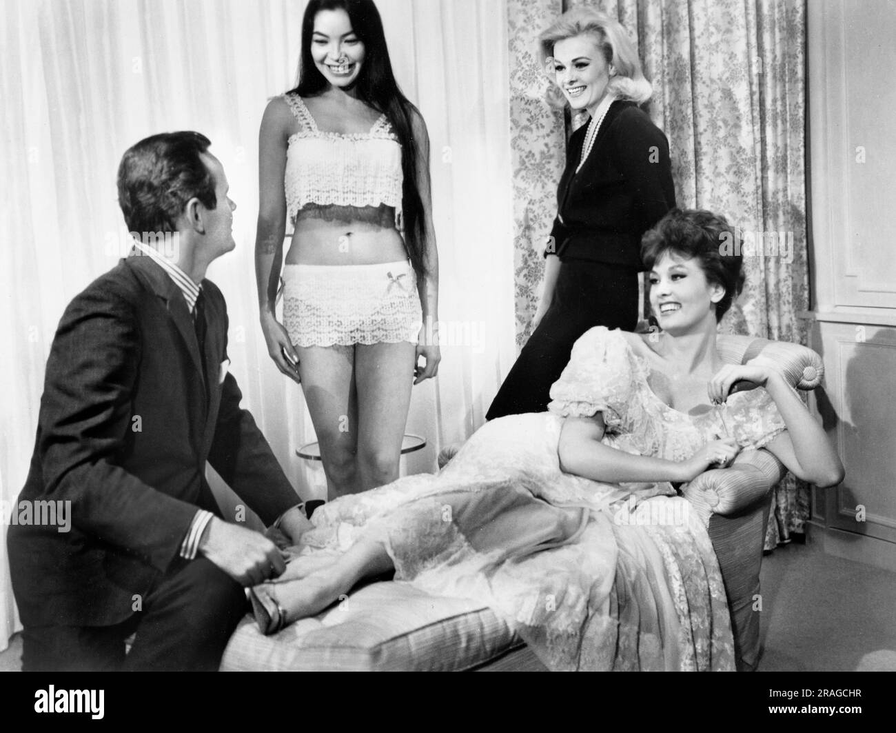 William Traylor, Nai Bonet, Paula Stewart, Jan Crockett, on-set of the Film, 'Diary Of A Bachelor', American International Pictures, 1964 Stock Photo